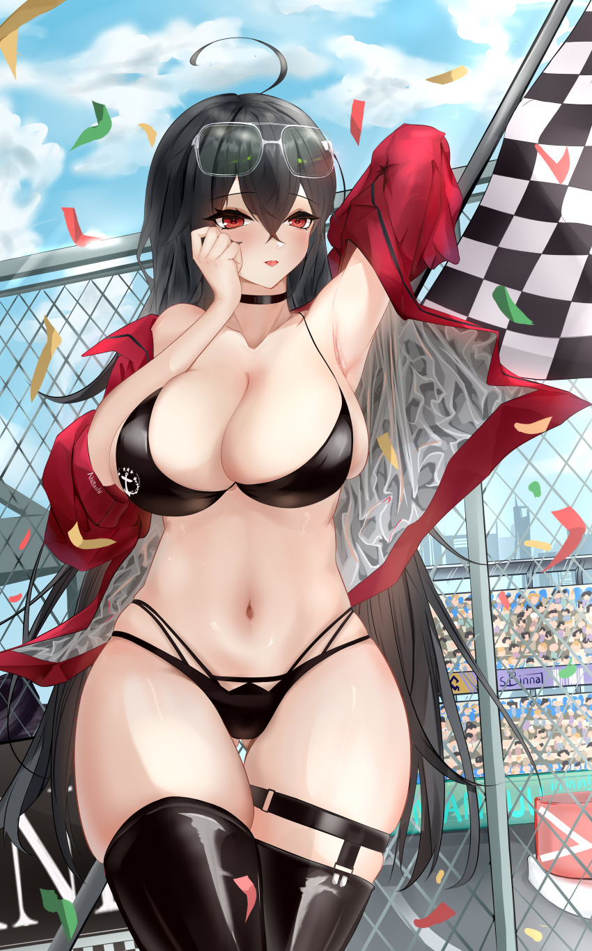 1girl absurdres ahigashi_(3098644761) ahoge azur_lane bare_shoulders bikini black_bikini black_choker black_hair black_thighhighs breasts checkered_flag choker cleavage collarbone confetti cowboy_shot eyewear_on_head flag hair_between_eyes highres jacket large_breasts official_alternate_costume open_clothes open_jacket outdoors race_queen red_eyes red_jacket solo sunglasses swimsuit taihou_(azur_lane) taihou_(enraptured_companion)_(azur_lane) thighhighs