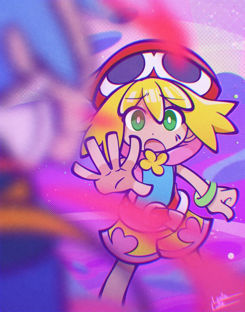 1boy 1girl absurdres amitie_(puyopuyo) arm_at_side armband belt blonde_hair blue_hoodie blurry character_hat chromatic_aberration deformed depth_of_field flower flower_brooch furrowed_brow green_eyes halftone hand_up hat highres hood hood_down hoodie legs_apart leslietheluna looking_at_another multicolored_background open_hand open_mouth outstretched_arm pink_hoodie pink_shorts purple_background puyopuyo puyopuyo_puzzle_pop reaching reaching_towards_another red_hat short_hair shorts sig_(puyopuyo) signature sleeveless sleeveless_hoodie solo_focus spoilers standing two-tone_hoodie two-tone_shorts yellow_flower yellow_shorts
