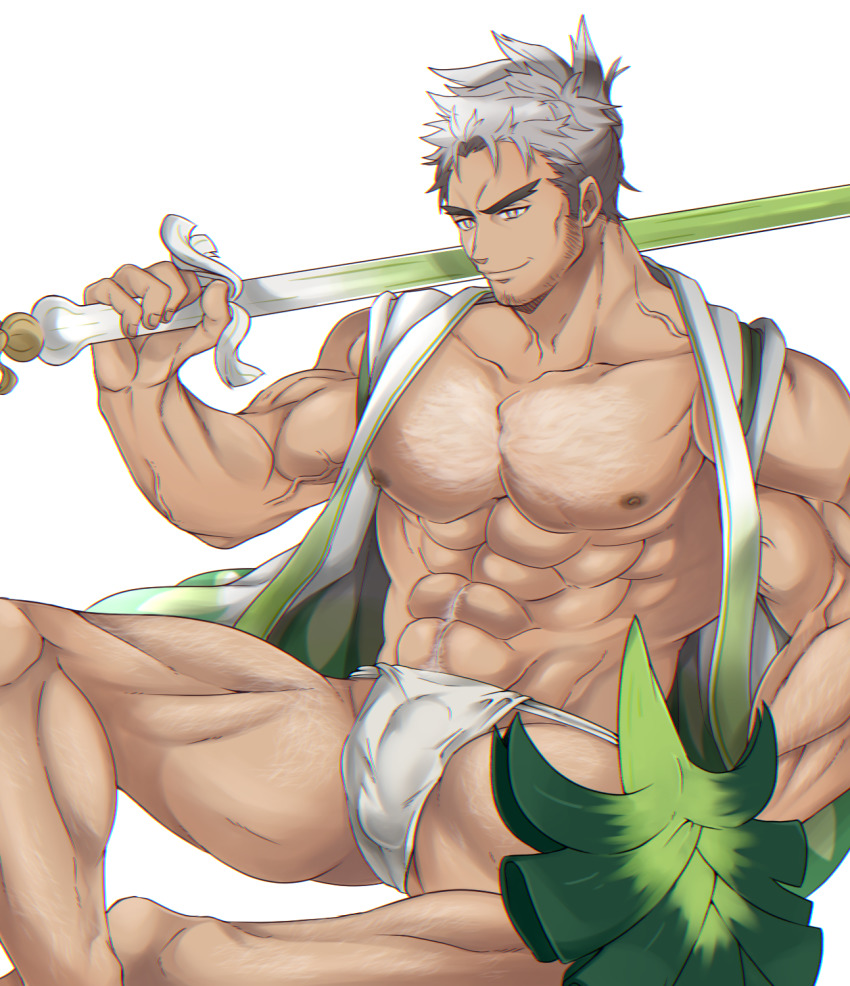 1boy abs bara bare_arms bare_legs bare_pectorals beard_stubble bulge chest_hair closed_mouth collarbone facial_hair feet_out_of_frame fundoshi gen_8_pokemon grey_hair highres holding holding_weapon japanese_clothes knees_apart_feet_together kurazon_(climb_zombie) leg_hair male_focus male_underwear muscular navel_hair nintendo nipples over_shoulder pectorals personification pokemon shield sideburns simple_background sirfetch&#039;d sitting smile solo spread_legs spring_onion stubble thick_eyebrows underwear veins weapon weapon_over_shoulder white_background white_male_underwear