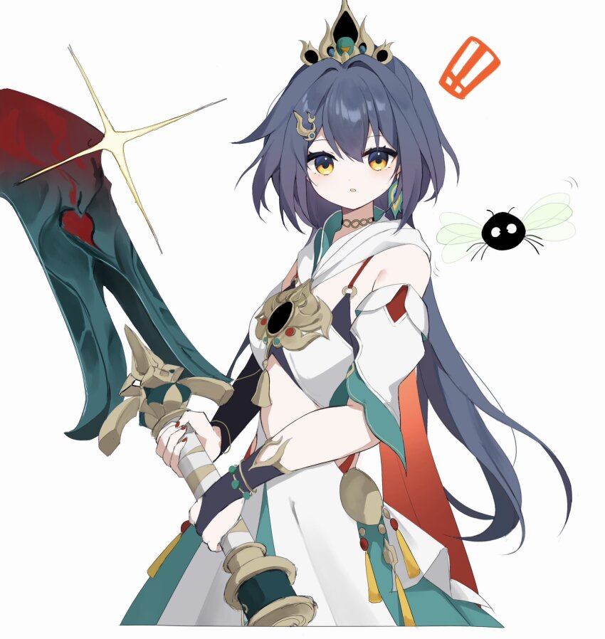 ! 1girl :o blue_gloves blue_hair bug cape commentary_request fingerless_gloves gloves gradient_cape hair_ornament highres holding holding_sword holding_weapon honkai:_star_rail honkai_(series) long_hair looking_at_viewer midriff nirako_mona red_cape shirt simple_background skirt solo sparkle sword tiara weapon white_background white_cape white_shirt white_skirt yellow_eyes yunli_(honkai:_star_rail)