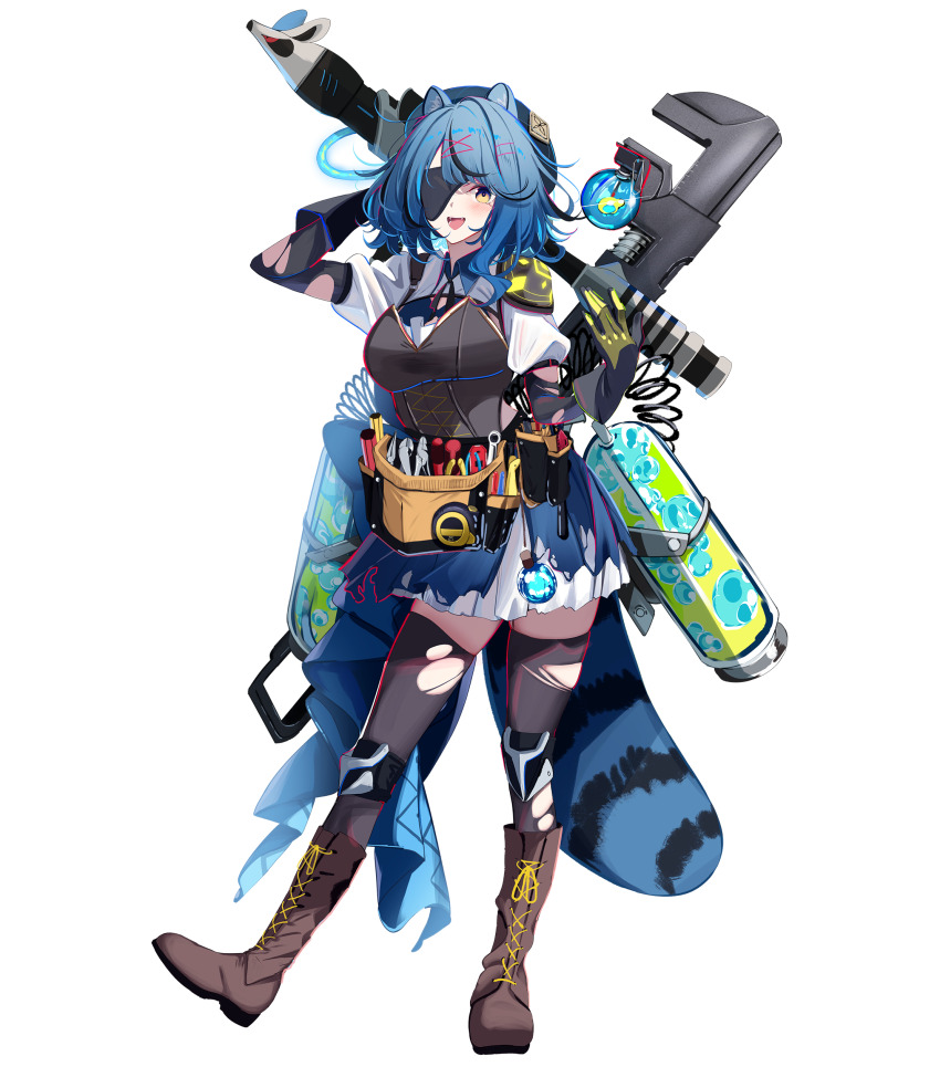 1girl :d absurdres animal_ears black_gloves black_hair black_thighhighs blue_hair boots breasts brown_boots eyepatch fangs gloves gun hair_ornament hairclip highres holding holding_weapon komupi large_breasts lower_teeth_only mischief_eve multicolored_hair official_art open_mouth pleated_skirt puffy_short_sleeves puffy_sleeves raccoon_ears raccoon_tail short_sleeves simple_background skirt smile solo specialite_(company) specialite_en streaked_hair tail teeth thighhighs tongue torn_clothes torn_thighhighs transparent_background virtual_youtuber weapon weapon_on_back white_skirt x_hair_ornament yellow_eyes