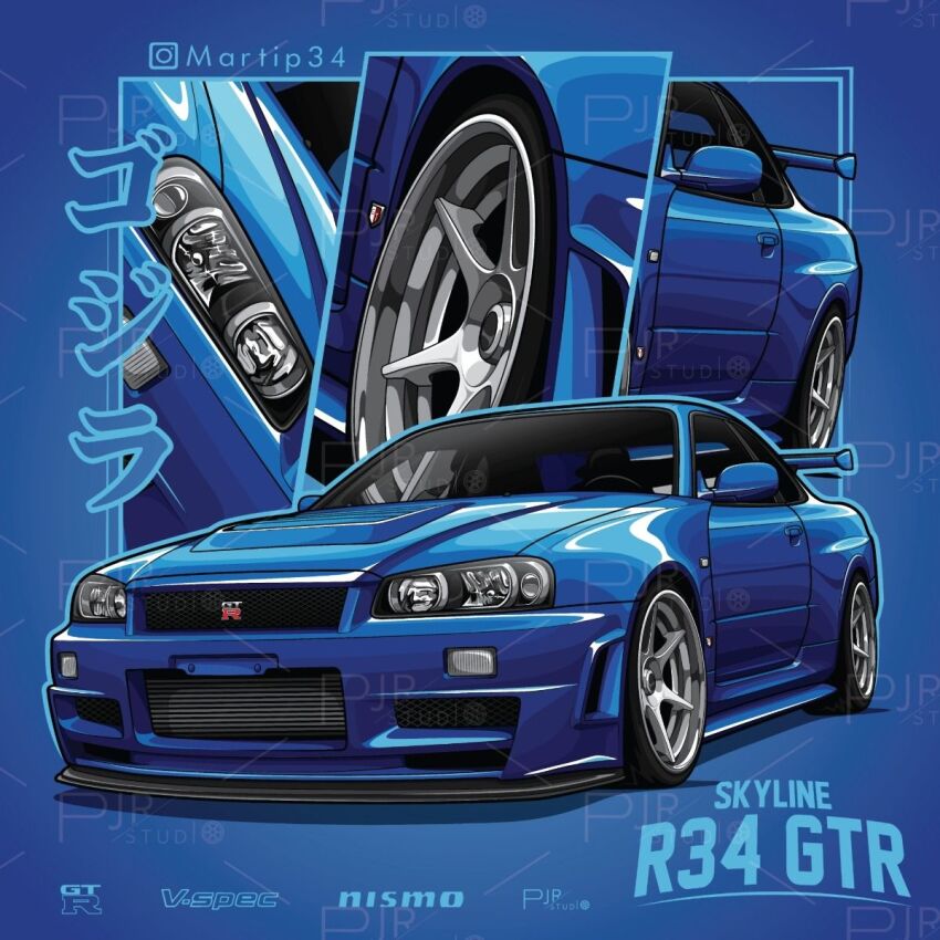blue_car blue_theme car commentary commission english_commentary highres instagram_username motor_vehicle multiple_views nismo nissan nissan_skyline nissan_skyline_gt-r nissan_skyline_r34 original pjr_studio spoiler_(automobile) sports_car vehicle_focus vehicle_name watermark