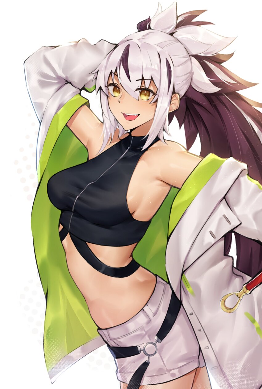 1girl absurdres bare_shoulders belt black_hair black_shirt breasts coat crop_top cropped_shirt deccatezu fate/grand_order fate_(series) green_coat hair_between_eyes highres long_hair long_sleeves looking_at_viewer medium_breasts midriff multicolored_coat multicolored_hair nagao_kagetora_(fate) navel open_clothes open_coat shirt shorts sideboob sidelocks sleeveless sleeveless_shirt solo thighs two-tone_coat two-tone_hair uesugi_kenshin_(fate) uesugi_kenshin_(second_ascension)_(fate) very_long_hair white_hair white_shorts