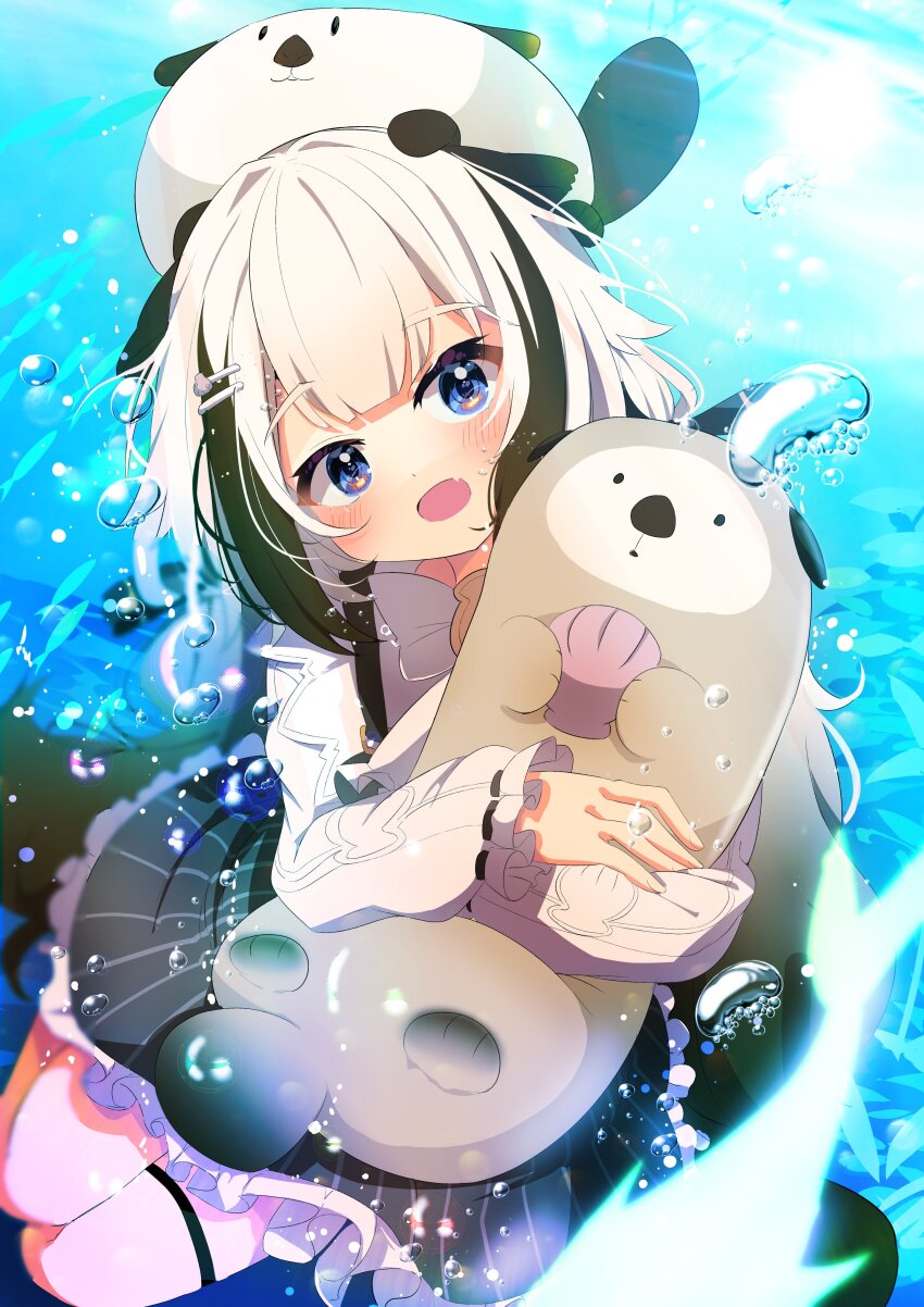 1girl absurdres air_bubble animal black_hair black_skirt blue_eyes blush bow bowtie bubble commission fang fish frilled_skirt frills hair_ornament hat highres long_sleeves looking_at_viewer multicolored_hair open_mouth original seal_(animal) shiro9jira shirt skeb_commission skin_fang skirt smile solo streaked_hair thigh_strap two-tone_hair underwater water white_bow white_bowtie white_hair white_shirt