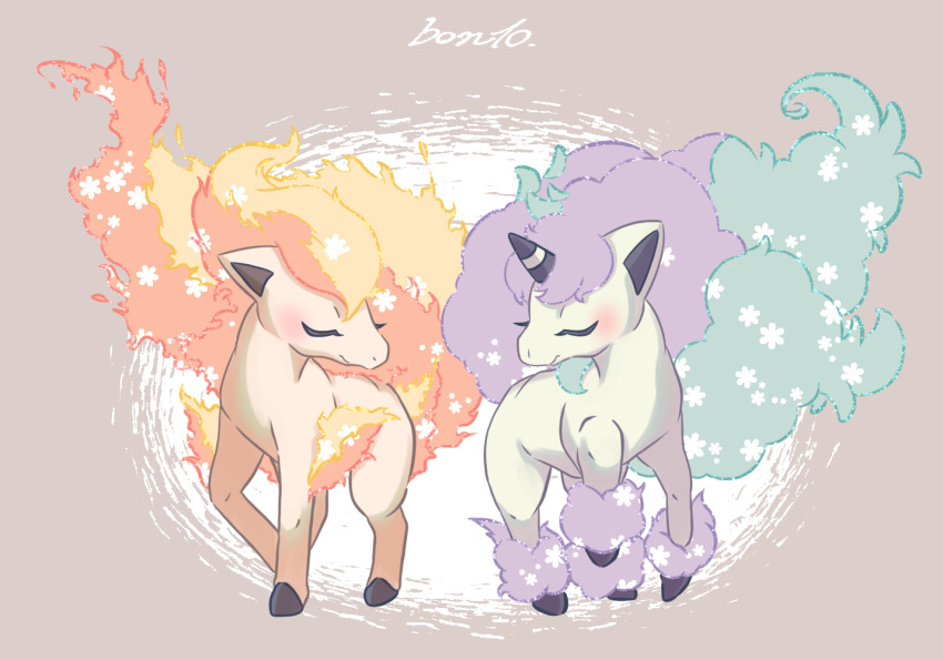 animal_focus blush closed_eyes closed_mouth commentary_request eyelashes fire full_body galarian_form galarian_ponyta gen_1_pokemon gen_8_pokemon horns horse narumin3927 nintendo no_humans pokemon pokemon_(creature) pokemon_focus ponyta single_horn unicorn