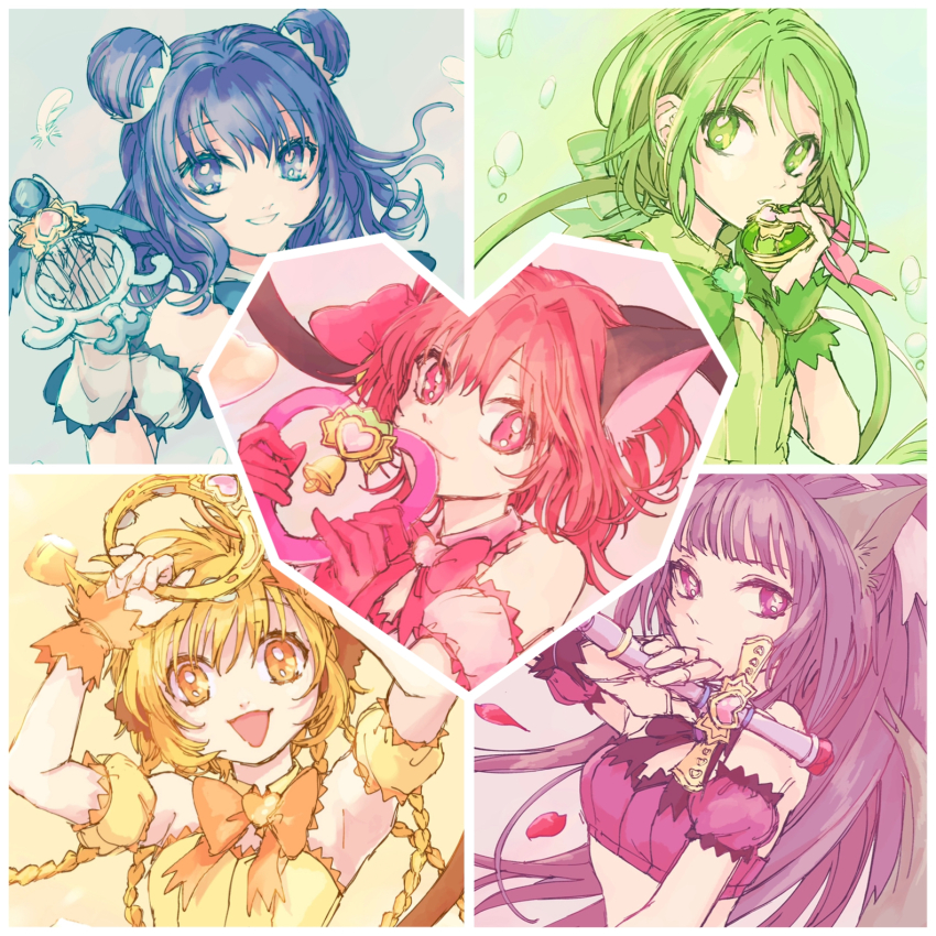 5girls aizawa_mint animal_ears blonde_hair blue_eyes blue_gloves blue_hair border bow_(weapon) braid bubble castanets cat_ears cat_girl collage collar crop_top detached_sleeves double_bun feathers fong_pudding fujiwara_zakuro gloves green_eyes green_hair green_shirt grin hair_between_eyes hair_bun highres holding holding_instrument holding_stick instrument light_smile long_hair looking_at_viewer magical_girl medium_hair mew_ichigo mew_lettuce mew_mint mew_pudding mew_zakuro midorikawa_lettuce momomiya_ichigo monkey_ears monkey_girl multiple_braids multiple_girls open_mouth pink_collar pink_eyes pink_gloves pink_shirt puffy_detached_sleeves puffy_sleeves purple_collar purple_hair purple_shirt red_hair red_petals shiroshima_(raah5353) shirt sleeveless sleeveless_shirt smile stick tambourine teeth tokyo_mew_mew tokyo_mew_mew_new weapon white_border wolf_ears wolf_girl yellow_shirt