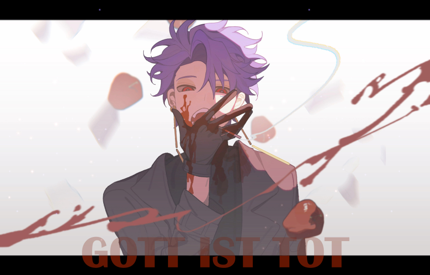 1boy absurdres apple black_gloves black_jacket black_shirt blood blood_on_arm blood_on_clothes blood_on_face cigarette commentary earrings food fruit german_commentary german_text gloves highres holding holding_cigarette jacket jewelry long_sleeves male_focus open_clothes open_jacket open_mouth purple_hair red_eyes saibou_shinkyoku shirt short_hair smoke solo theodore_riddle translated upper_body variant_set white_background xianyufanmian
