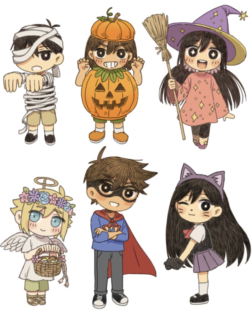 +_+ 2girls 4boys :3 alternate_eye_color angel_wings animal_ears antenna_hair arms_up aubrey_(faraway)_(omori) aubrey_(omori) basil_(faraway)_(omori) basil_(omori) basket black_eyes black_footwear black_hair black_shirt blonde_hair blue_eyes blue_shirt blush bright_pupils broom brown_footwear brown_hair brown_shorts cape cat_ears chibi chibi_only closed_mouth collared_shirt crossed_arms dark-skinned_male dark_skin domino_mask fake_animal_ears fake_halo fake_wings flower green_shorts grin hairband halloween_costume halo hat head_wreath hector_(omori) hero_(faraway)_(omori) hero_(omori) highres holding holding_basket holding_broom kato_(momota_rosan) kel_(faraway)_(omori) kel_(omori) long_hair long_sleeves looking_at_viewer mari_(faraway)_(omori) mari_(omori) mask mewo multiple_boys multiple_girls neckerchief omori one_eye_closed open_mouth orange_shoes parted_lips pleated_skirt purple_hat purple_skirt red_cape red_neckerchief sandals shirt shoes short_hair short_sleeves shorts simple_background skirt smile sneakers socks sunny_(omori) teeth white_background white_pupils white_shirt white_socks wings witch_hat
