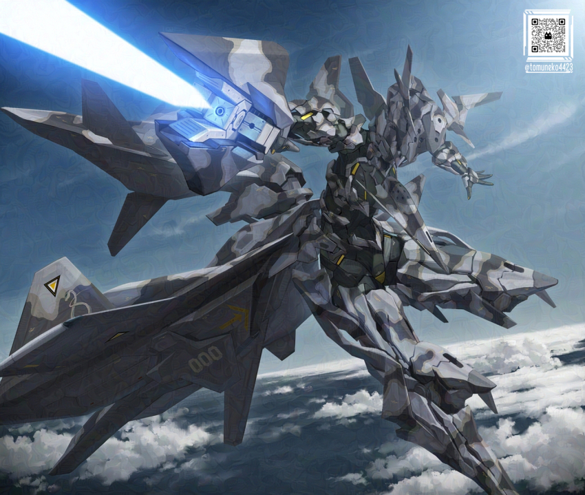 1girl ace_combat adf-01_falken blue_sky cloud directed-energy_weapon energy energy_beam energy_cannon energy_weapon firing flying adversarial_noise gun holding holding_gun holding_weapon laser_cannon laser_weapon looking_at_viewer mask mecha_musume personification qr_code sky tactical_laser_system tom-neko_(zamudo_akiyuki) twitter_username weapon
