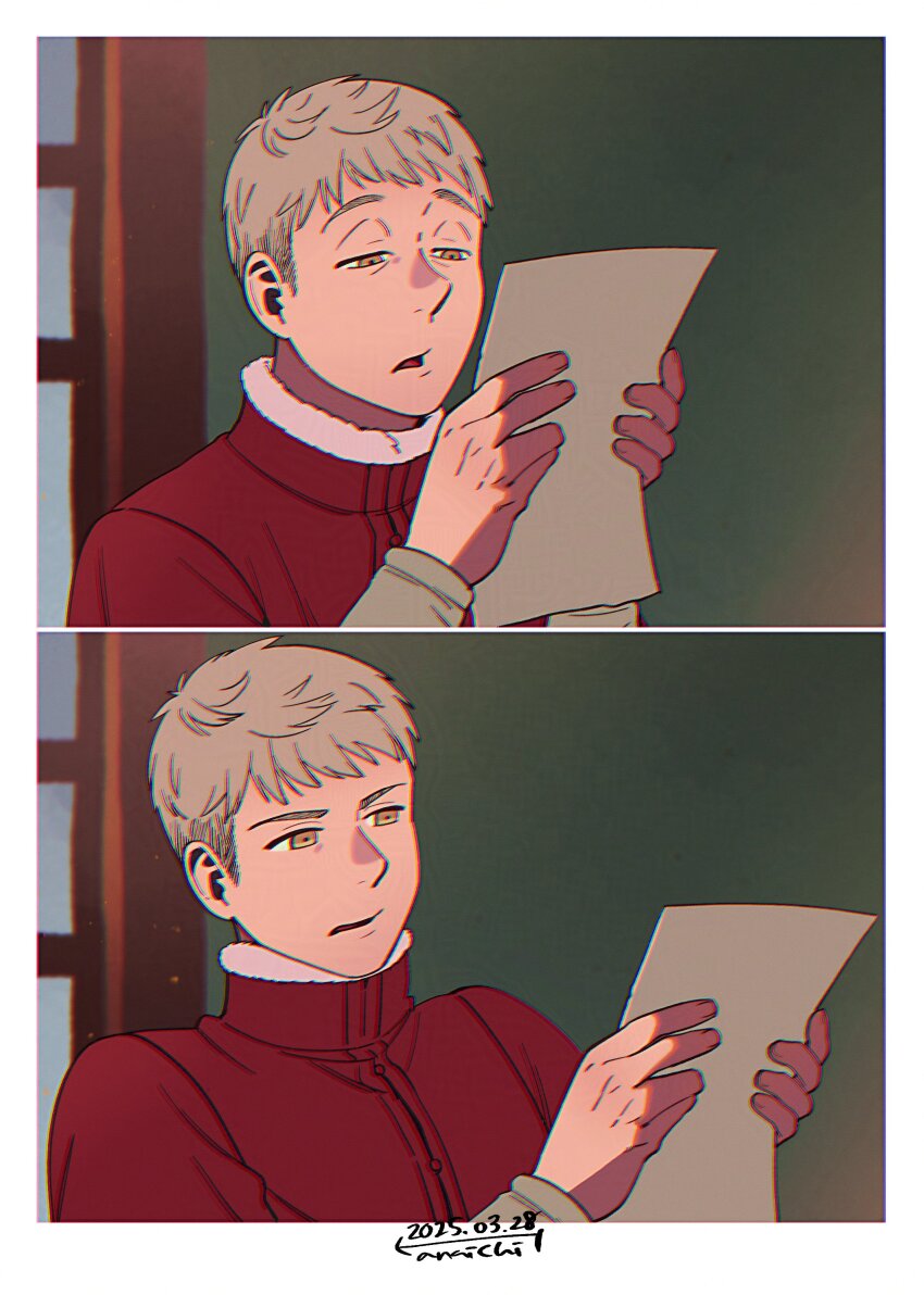 1boy 2025 2koma absurdres blonde_hair chromatic_aberration comic confused dated dungeon_meshi fur_trim green_background hanaichi_(hana13) highres holding holding_paper indoors jacket laios_touden long_sleeves male_focus meme paper reading red_jacket signature silent_comic solo squinting upper_body window winnie_the_pooh_reading_(meme) yellow_eyes