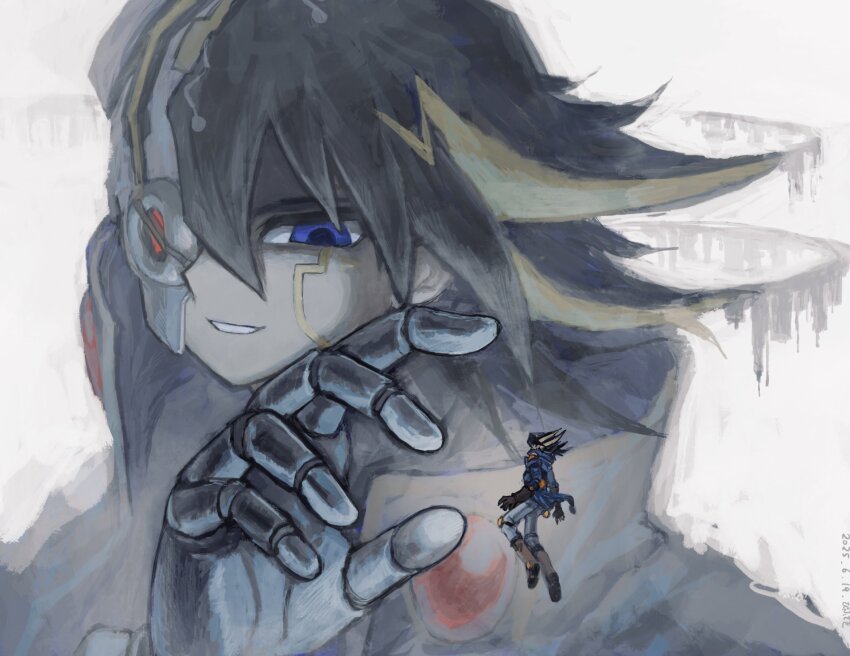 2boys bifuteki_(bi_futeki) black_hair blonde_hair blue_jacket cloak fudo_yusei highres jacket mechanical_arms medium_hair multicolored_hair multiple_boys single_mechanical_arm spiked_hair two-tone_hair yu-gi-oh! yu-gi-oh!_5d&#039;s z-one