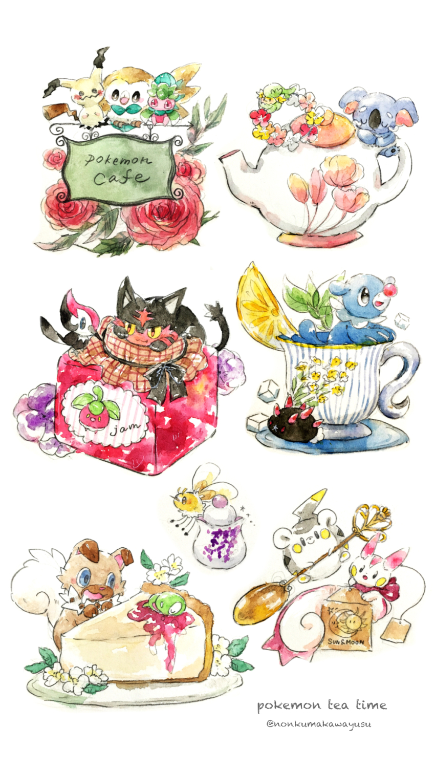 bounsweet comfey cutiefly flower fomantis food fruit game_freak gen_4_pokemon gen_6_pokemon gen_7_pokemon highres jam komala legendary_pokemon lemon lemon_slice litten mimikyu nintendo no_humans non_(kumakawayusu) open_mouth pachirisu painting_(medium) pawpads perching pokemon popplio pyukumuku red_flower red_rose rockruff rose rowlet simple_background sleeping sugar_cube teabag teapot togedemaru traditional_media watercolor_(medium) wavy_mouth white_background white_flower zygarde zygarde_(10)