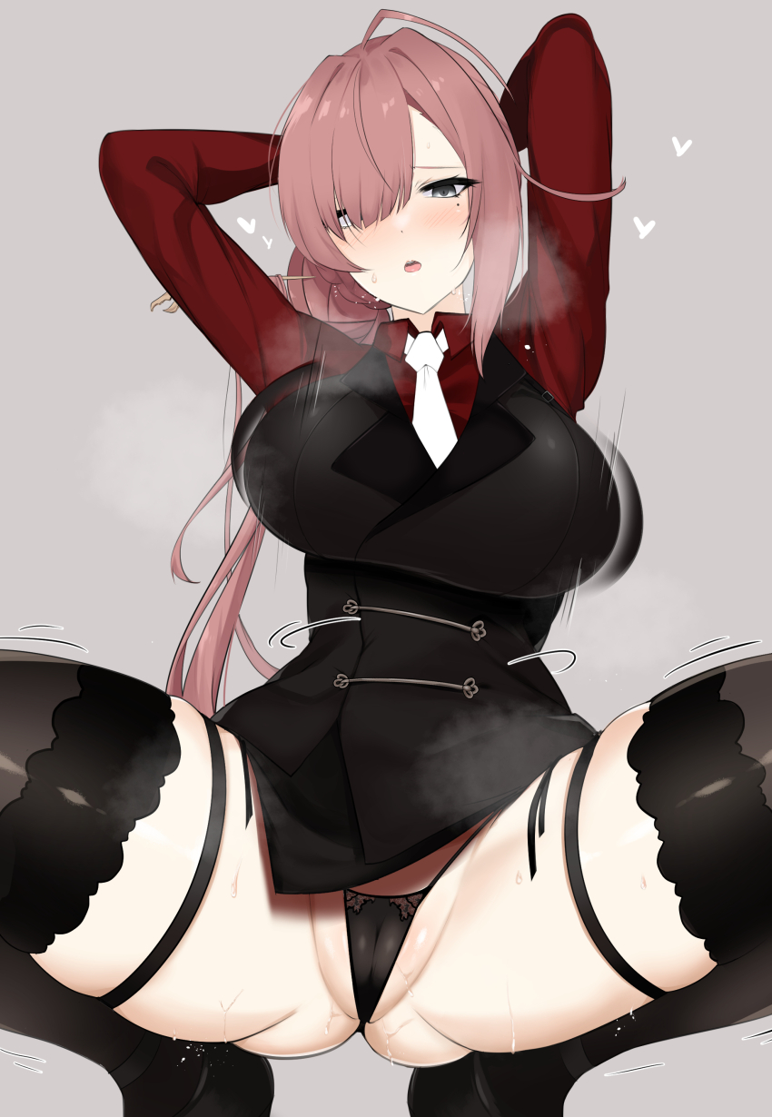 absurdres blush bouncing_breasts breasts ciel_(counter:side) counter:side grey_eyes hands_behind_own_head highres panties pantyshot pink_hair spread_legs sweat underwear