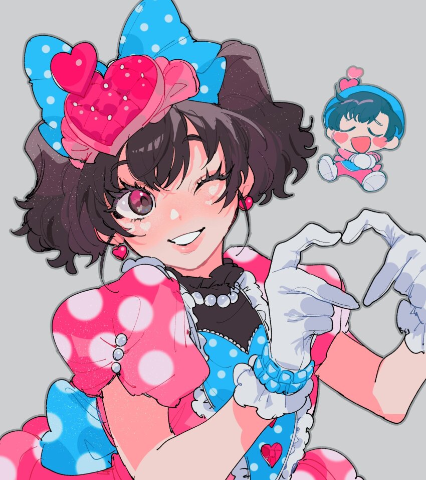 1boy 1girl animal_ears black_hair bow chibi disneyland dress earrings gloves hair_bow heart heart_hands highres humanization jewelry looking_at_viewer mickey_mouse mickey_mouse_&amp;_friends minnie_mouse moov_(mb_52) necklace one_eye_closed open_mouth pink_eyes polka_dot polka_dot_bow shirt short_hair smile white_gloves