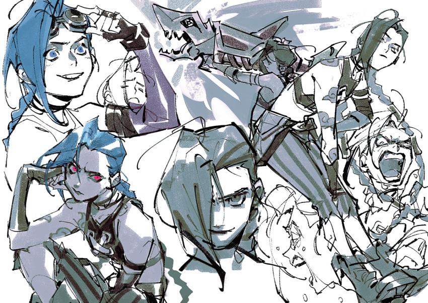 1girl arcane:_league_of_legends arm_tattoo asymmetrical_bangs blue_eyes blue_hair braid cloud_tattoo crop_top elbow_gloves fingerless_gloves gloves goggles goggles_on_head hair_over_one_eye jinx_(league_of_legends) league_of_legends long_hair loveariddle pants pink_eyes rocket_launcher striped_clothes striped_pants tattoo twin_braids very_long_hair weapon