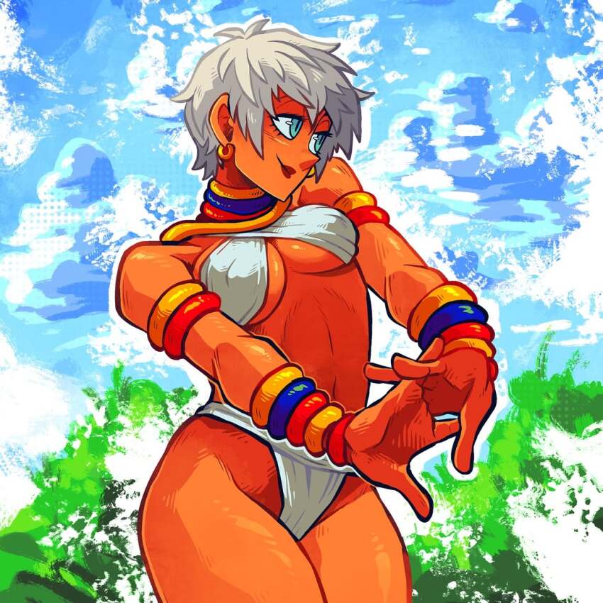 1girl bikini blue_eyes breasts collar dark-skinned_female dark_skin earrings elena_(street_fighter) highleg jewelry lips looking_to_the_side medium_breasts short_hair street_fighter swamitsunami swimsuit underboob white_hair
