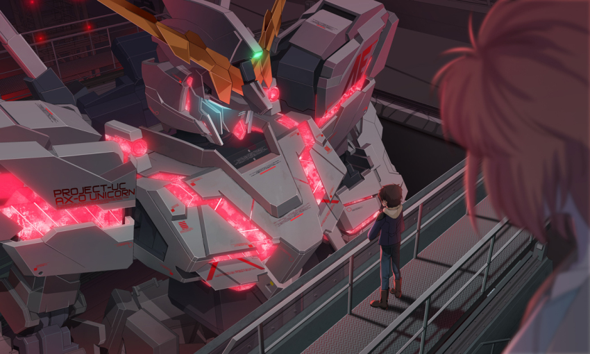 1boy 1girl banagher_links brown_hair glowing gundam gundam_unicorn hangar marida_cruz mecha nt-d orange_hair robot short_hair standing unicorn_gundam yagami_kentou yagami_niso