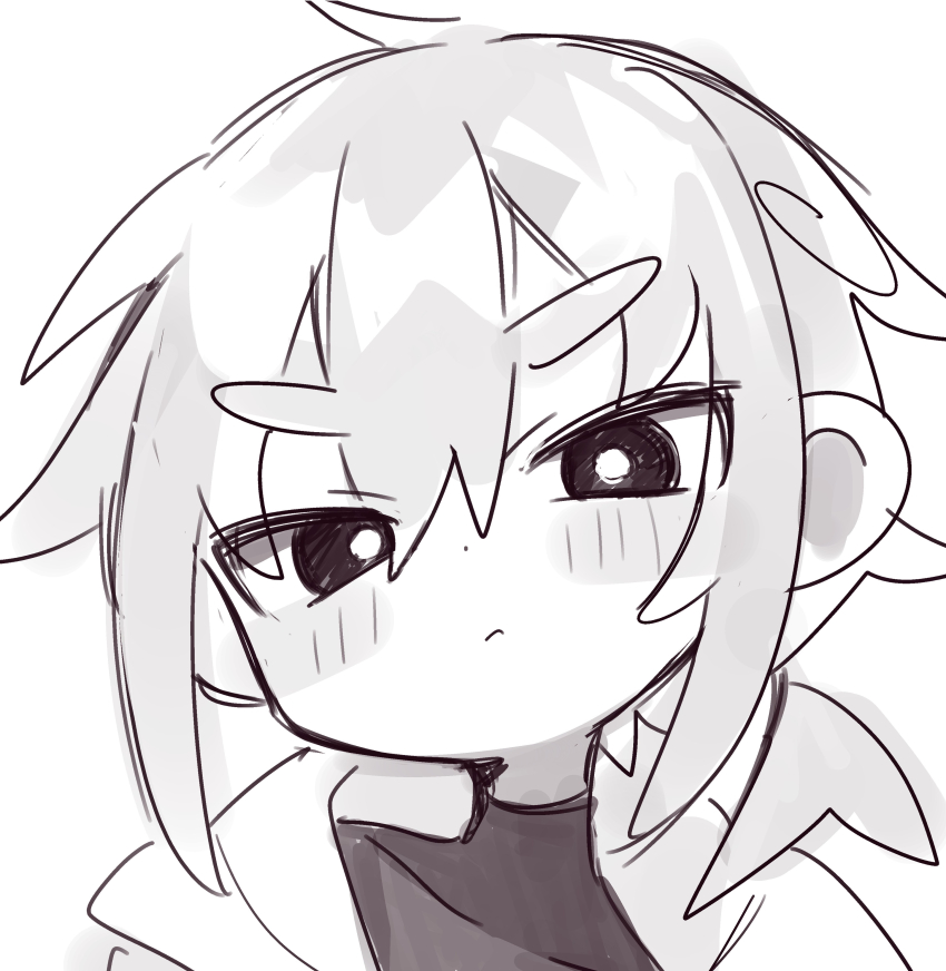 1boy absurdres blush_stickers closed_mouth commentary_request frown greyscale hair_between_eyes highres hood hood_down hooded_jacket jacket male_focus monochrome original raito-kun_(uenomigi) simple_background sketch solo tsurime turtleneck uenomigi v-shaped_eyebrows white_background