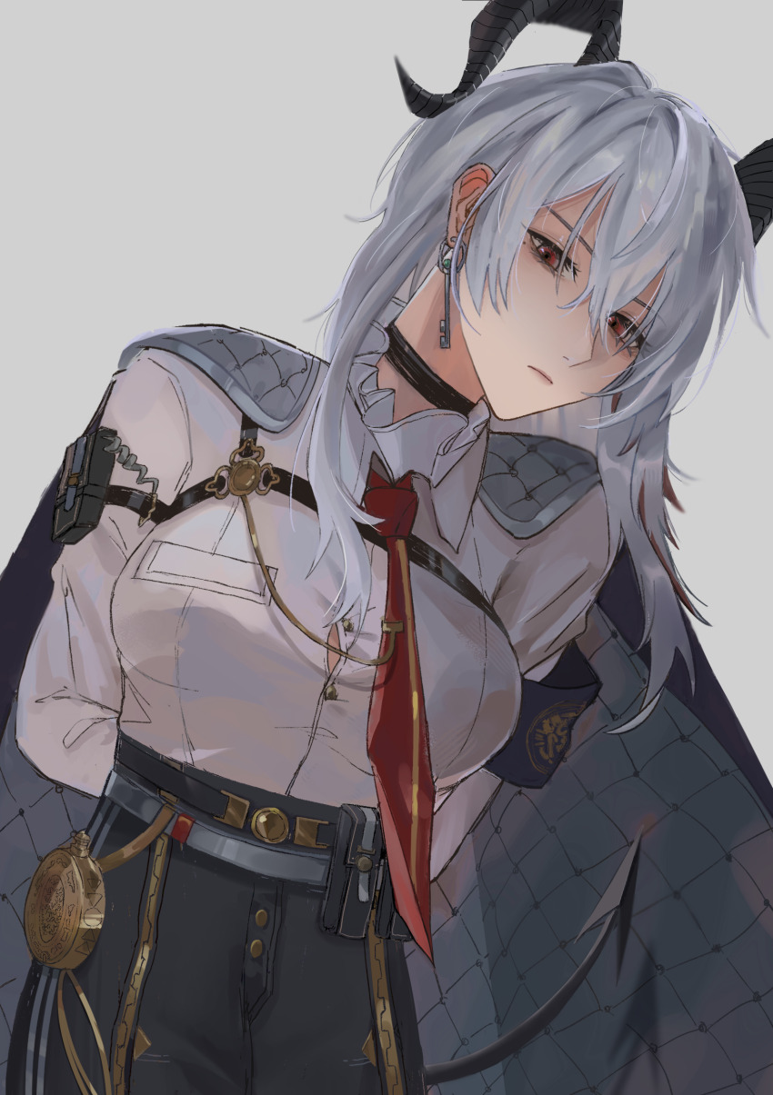 1girl arm_pouch armband black_armband black_choker black_horns black_jacket black_pants black_pouch black_tail breasts button_gap chest_harness choker closed_mouth commentary cowboy_shot curled_horns demon_tail earrings grey_background hair_between_eyes harness high-waist_pants highres horns jacket jacket_on_shoulders jewelry key_earrings large_breasts lois_(candyfx) looking_at_viewer necktie pants red_eyes red_necktie shirt shirt_tucked_in simple_background solo tail tight_clothes tight_pants white_shirt wuthering_waves zani_(wuthering_waves)