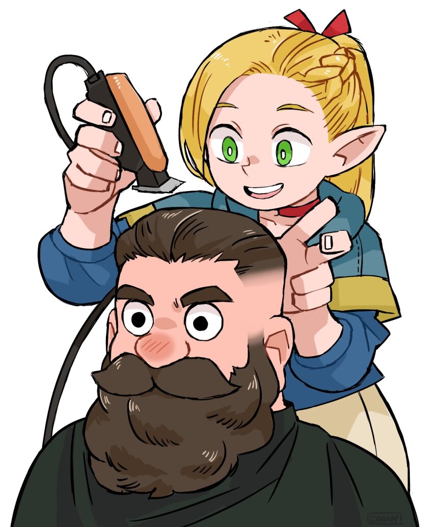 1boy 1girl alternate_facial_hair beard beard_over_mouth blank_stare blonde_hair braid brown_hair choso_giving_toudou_a_haircut_(meme) cutting_hair danny_but_spooky dungeon_meshi dwarf electric_razor elf facial_hair fade_(haircut) fake_horns green_eyes hair_slicked_back helmet highres holding horned_helmet horns long_beard long_hair long_sleeves marcille_donato meme mustache pointy_ears razor senshi_(dungeon_meshi) short_hair thick_mustache undercut