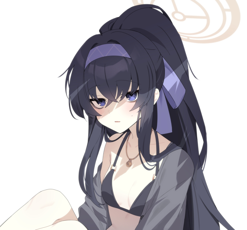 1girl bags_under_eyes bikini black_bikini black_hair blue_archive breasts brown_halo cardigan commentary grey_cardigan hair_between_eyes hair_ribbon hairband halo jewelry knees_up long_hair looking_at_viewer necklace official_alternate_costume open_cardigan open_clothes ponytail purple_hairband purple_ribbon ribbon sasa_(sa1008va) simple_background single_bare_shoulder small_breasts solo swimsuit ui_(blue_archive) ui_(swimsuit)_(blue_archive) upper_body white_background