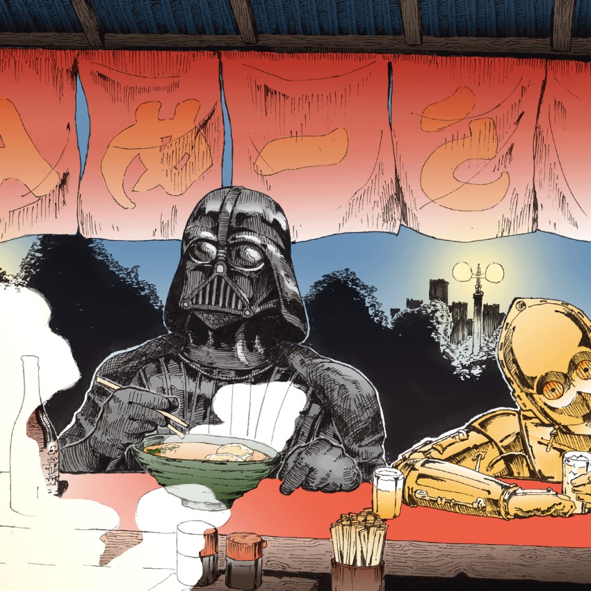 alcohol beer bowl c-3po chopsticks darth_vader drinking eating food food_stand highres kebo moon night noodles ramen road star_wars steam street yatai