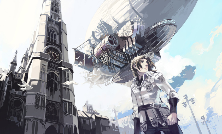 1boy aircraft airship aoin architecture bird brown_hair city clock cloud day dirigible dove flying from_below gothic_architecture insignia lamppost male_focus original sky solo tower uniform