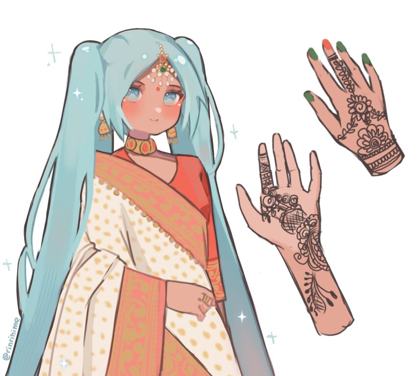 1girl alternate_skin_color aqua_eyes aqua_hair breasts commentary dark-skinned_female dark_skin earrings facial_mark forehead_mark green_nails hatsune_miku henna highres indian indian_clothes indian_style jewelry neck_ribbon orange_nails ribbon ring rinrihime saree sari sitting small_breasts solo sparkle twintails twitter_username vocaloid worldwide_miku