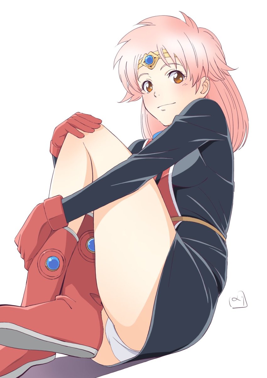 1girl breasts brown_eyes circlet closed_mouth dragon_quest dragon_quest_dai_no_daibouken dress gloves highres long_hair looking_at_viewer maam nori_(norimakigumo) panties pink_hair simple_background smile solo underwear white_background