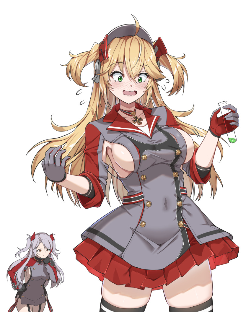 2girls absurdres admiral_hipper_(azur_lane) alternate_breast_size ambiguous_green_liquid azur_lane black_garter_straps blonde_hair breasts buttons collarbone commission cross double-breasted flying_sweatdrops garter_straps gloves grey_gloves grey_hair hair_between_eyes headgear highres holding holding_potion holding_vial iron_cross long_hair long_sleeves miniskirt mole mole_on_breast multicolored_hair multiple_girls open_mouth pixiv_commission prinz_eugen_(azur_lane) red_gloves red_hair red_skirt siblings sideboob simple_background sisters skirt streaked_hair sundajin_asagi thighhighs two-tone_gloves two-tone_hair undersized_clothes vial white_background zettai_ryouiki
