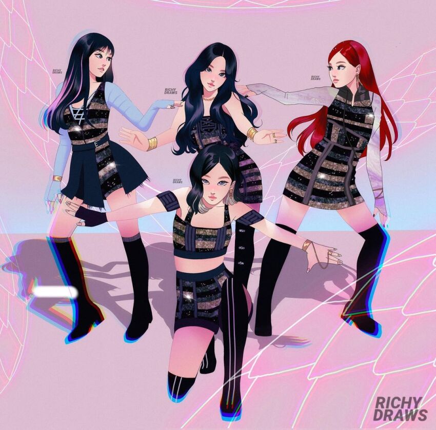 4girls aespa animification artist_name black_footwear black_hair boots bracelet chromatic_aberration commentary dress earrings english_commentary full_body giselle_(aespa) jewelry k-pop karina_(aespa) kneeling long_hair looking_at_another looking_at_viewer multiple_girls ningning_(aespa) purple_background red_hair richydraws ring short_hair shorts thigh_boots winter_(aespa)