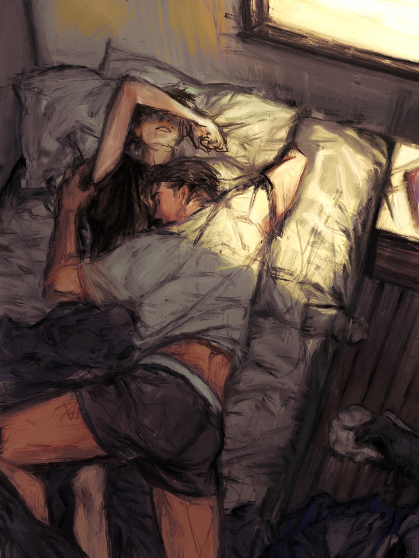 2boys absurdres arcane:_league_of_legends arcane_jayce arm_up bed black_male_underwear black_shirt brown_hair chest_of_drawers closed_eyes commentary covered_eyes english_commentary feet_out_of_frame highres indoors jayce_(league_of_legends) katsukarateclub league_of_legends lying lying_on_person male_focus male_underwear multiple_boys on_back on_bed on_stomach pillow shirt short_hair sleeping t-shirt underwear unworn_clothes viktor_(arcane) viktor_(league_of_legends) white_shirt wooden_floor yaoi