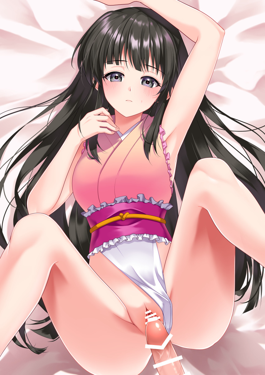 1boy 1girl absurdres anus armpits ass bar_censor bed beni8h black_eyes black_hair breasts censored closed_mouth clothing_aside commission erection frilled_leotard frills from_above highres hime_cut houraisan_kaguya leotard leotard_aside long_hair looking_at_viewer lying medium_breasts on_back penis pink_leotard pixiv_commission pussy solo_focus spread_legs spread_pussy touhou touhou_tag_dream wrestling_outfit