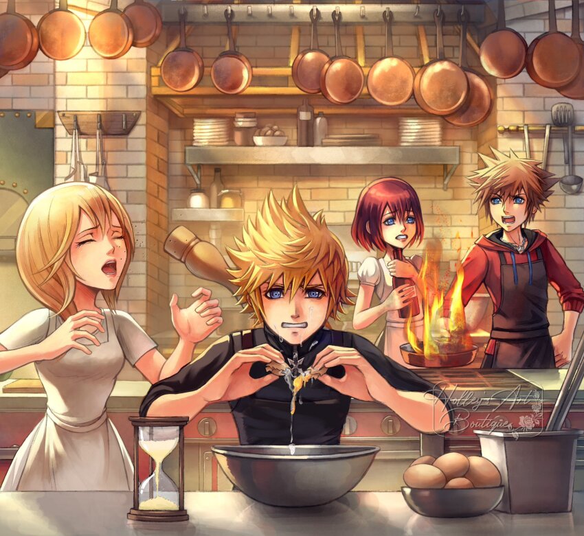 2boys 2girls alternate_costume apron artist_name black_apron black_shirt blonde_hair blue_eyes brown_hair closed_eyes commentary cooking dress egg hair_between_eyes highres hollypolllyy indoors kairi_(kingdom_hearts) kingdom_hearts kingdom_hearts_ii kingdom_hearts_iii kitchen long_hair multiple_boys multiple_girls namine nomura_tetsuya_(style) open_mouth pointy_hair puffy_short_sleeves puffy_sleeves red_hair red_shirt roxas shirt short_hair short_sleeves slice_of_life sora_(kingdom_hearts) white_apron white_dress white_shirt