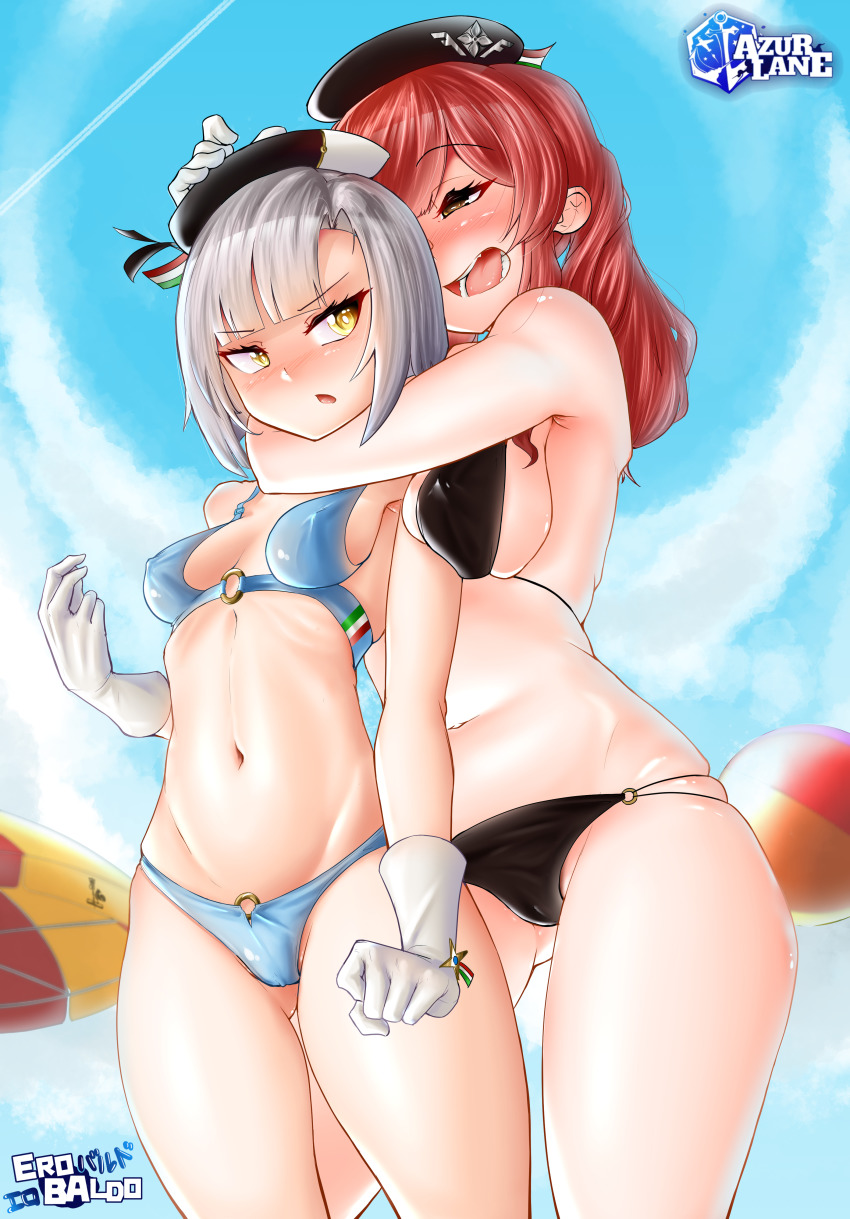 2girls absurdres arm_around_neck artist_name azur_lane ball bare_arms bare_legs bare_shoulders beach beach_umbrella beachball bikini black_bikini blue_bikini blunt_bangs blush breasts commentary conte_di_cavour_(azur_lane) copyright_name covered_erect_nipples curvy day embarrassed english_commentary erobaldo female_pervert full-face_blush gloves grey_hair hand_on_another&#039;s_head hat highres large_breasts medium_hair multiple_girls o-ring o-ring_bikini o-ring_top open_mouth outdoors pervert red_hair shiny_skin short_hair sidelocks skindentation summer swimsuit teeth thighs umbrella white_gloves yellow_eyes zara_(azur_lane) zara_(poolside_coincidence)_(azur_lane)