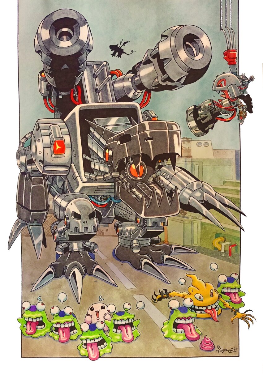 arm_cannon border digimon digimon_(creature) energy_cannon fleeing full_body highres megadramon metalmamemon mochimon mugendramon non-humanoid_robot numemon open_mouth poop robot robot_dragon scumon shoulder_cannon skull taragraphika trait_connection weapon white_border