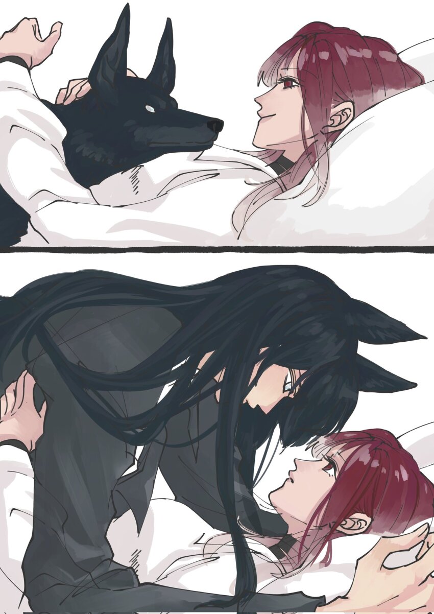 2girls animal_ears animalization black_hair black_jacket cattusmagi closed_mouth commentary dog dog_ears english_commentary gradient_hair grey_eyes highres jacket kemonomimi_mode kunchim2_cat_transformation_template_(meme) long_hair long_sleeves meme multicolored_hair multiple_girls path_to_nowhere rahu_(path_to_nowhere) red_eyes red_hair shalom_(path_to_nowhere) shirt simple_background smile transformation white_background white_hair white_shirt yuri