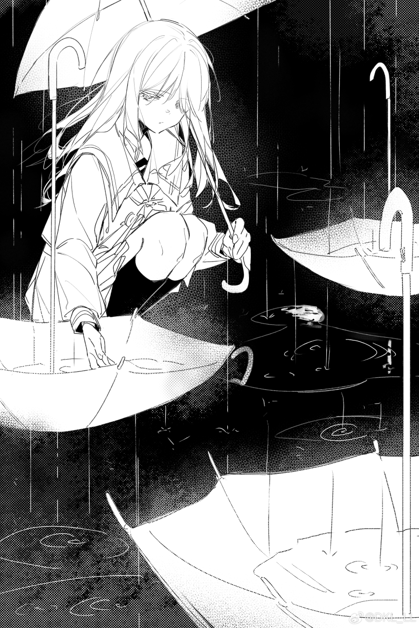 1girl absurdres bang_dream! bang_dream!_it&#039;s_mygo!!!!! chinese_commentary closed_mouth commentary_request dkl_(dinosaurkl2) greyscale hand_up highres kneehighs long_sleeves monochrome nagasaki_soyo school_uniform sidelocks socks solo squatting tsukinomori_school_uniform umbrella watermark weibo_watermark