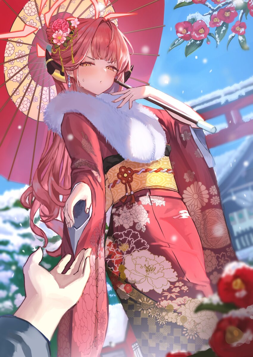1girl absurdres architecture aru_(blue_archive) aru_(new_year)_(blue_archive) blue_archive blue_sky commentary demon_girl demon_horns east_asian_architecture flower fur_trim halo hashtag-only_commentary highres holding holding_umbrella horns japanese_clothes kimono long_hair official_alternate_costume oil-paper_umbrella outdoors pongdo pov pov_hands reaching reaching_towards_viewer red_flower red_hair red_halo red_kimono red_rose rose sky snow snowing sweatdrop umbrella yellow_eyes