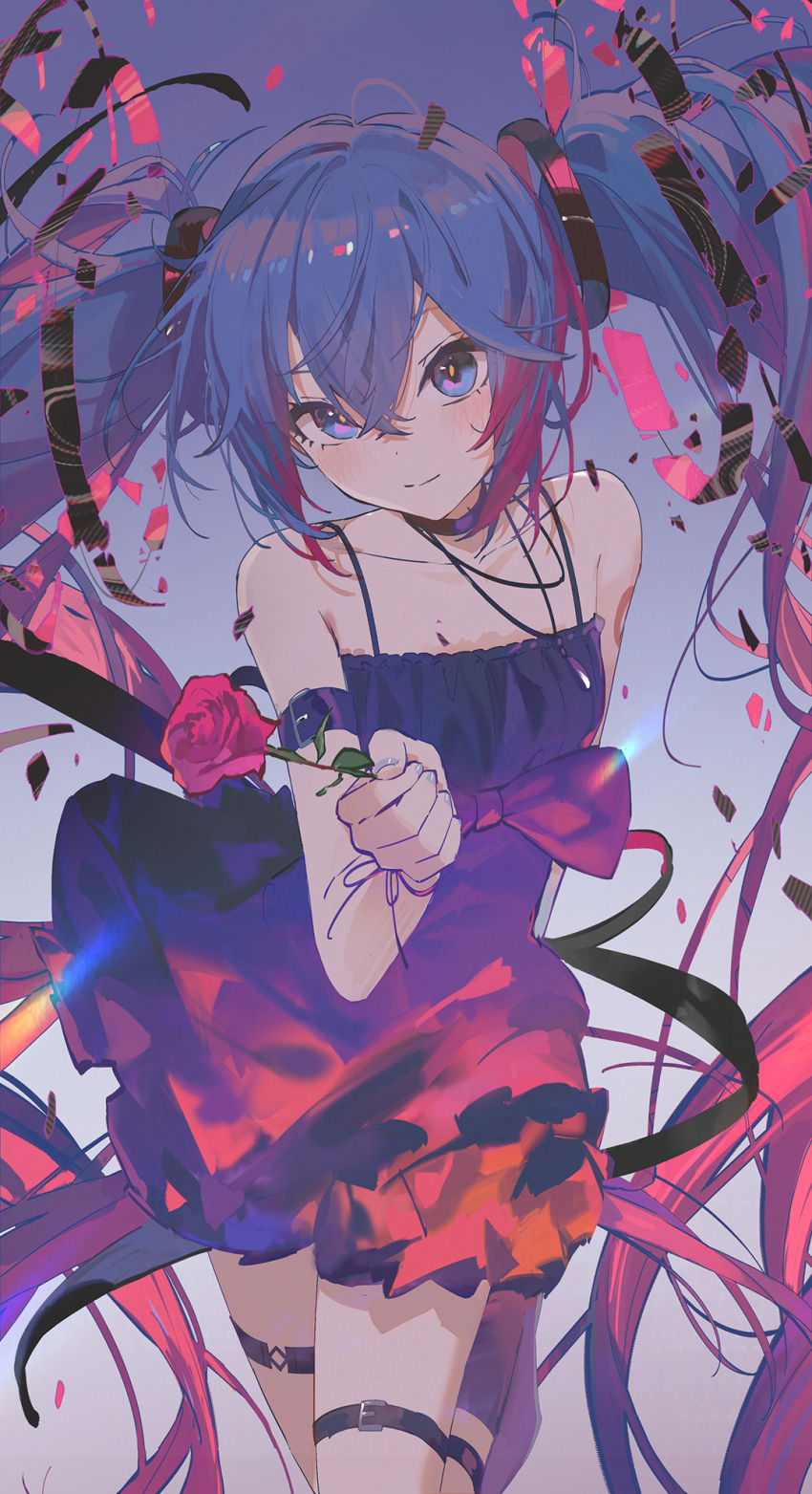 1girl arm_behind_back arm_belt bare_shoulders black_dress blue_eyes blue_hair blush bow chinese_commentary closed_mouth commentary_request cowboy_shot dress dress_bow flower gradient_background hair_between_eyes hatsune_miku highres holding holding_flower kieed large_variant_set leg_up long_hair looking_at_viewer miku_day red_flower red_rose rose shattered sleeveless sleeveless_dress solo thigh_strap twintails variant_set very_long_hair vocaloid