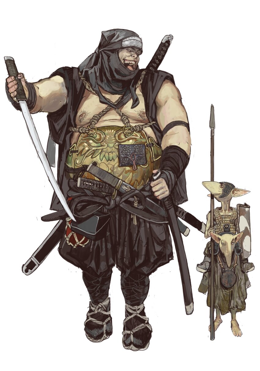 3boys absurdres forehead_protector goblin highres holding holding_sword holding_weapon japanese_clothes mossacannibalis multiple_boys ninja ninjatou ogre open_mouth pointy_ears polearm reverse_grip shield short_sword size_difference spear sword tattoo unsheathed warhammer_fantasy weapon