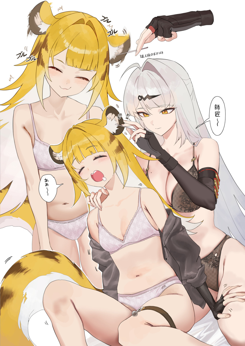 2girls animal_ears bare_shoulders blonde_hair blush bra breasts cleavage closed_eyes commentary_request hair_ornament hairclip highres ju_fufu large_breasts long_hair medium_breasts multiple_girls multiple_views navel open_mouth panties salmon88 smile speech_bubble stomach striped_hair tail thighs tiger_ears tiger_girl tiger_tail translation_request underwear white_hair yellow_eyes yixuan_(zenless_zone_zero) zenless_zone_zero