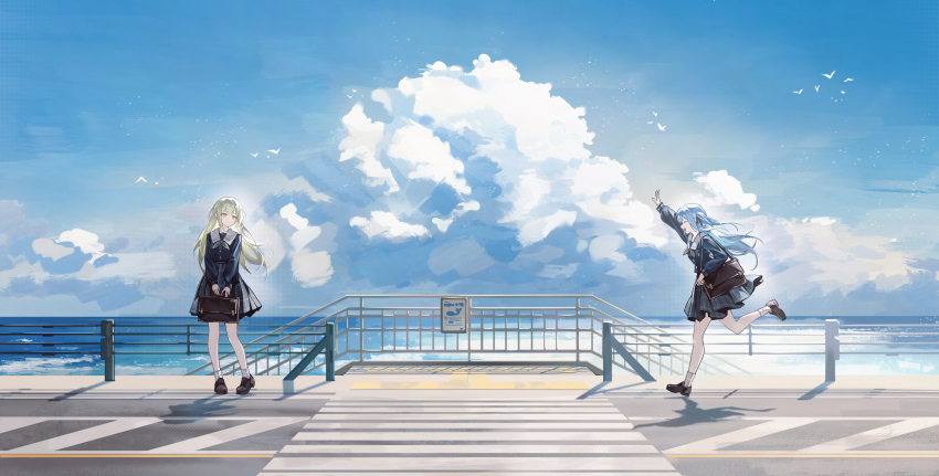 2girls absurdres arm_up bag bang_dream! bang_dream!_it&#039;s_mygo!!!!! blue_hair blue_shirt blue_skirt brown_bag closed_eyes cloud commentary crosswalk cumulonimbus_cloud day english_commentary green_hair grey_neckerchief highres kamakura_(city) long_hair long_sleeves multiple_girls neckerchief ocean open_mouth outdoors plaid_clothes plaid_skirt pleated_skirt road running school_bag school_uniform shirt shoulder_bag sidelocks skirt sky togawa_sakiko tsukinomori_school_uniform two_side_up umie_(iowae) wakaba_mutsumi wide_shot yellow_eyes