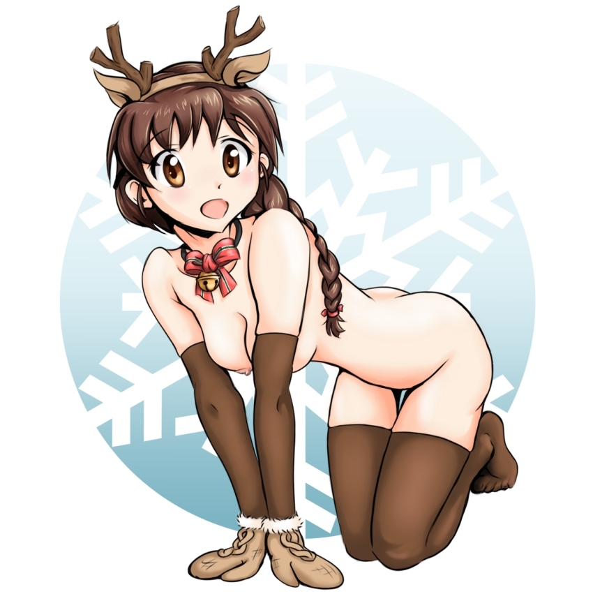 10s 1girl animal_costume animal_ears antlers ass bell blush braid breasts brown_eyes brown_hair brown_thighhighs christmas collar deer_ears female_focus girls_und_panzer gloves highres horns kuni-kun looking_at_viewer medium_breasts neck_bell nipples nude open_mouth ponytail reindeer_antlers reindeer_costume rukuriri_(girls_und_panzer) simple_background single_braid smile snowflake_background snowflakes solo tail thighhighs underwear white_background