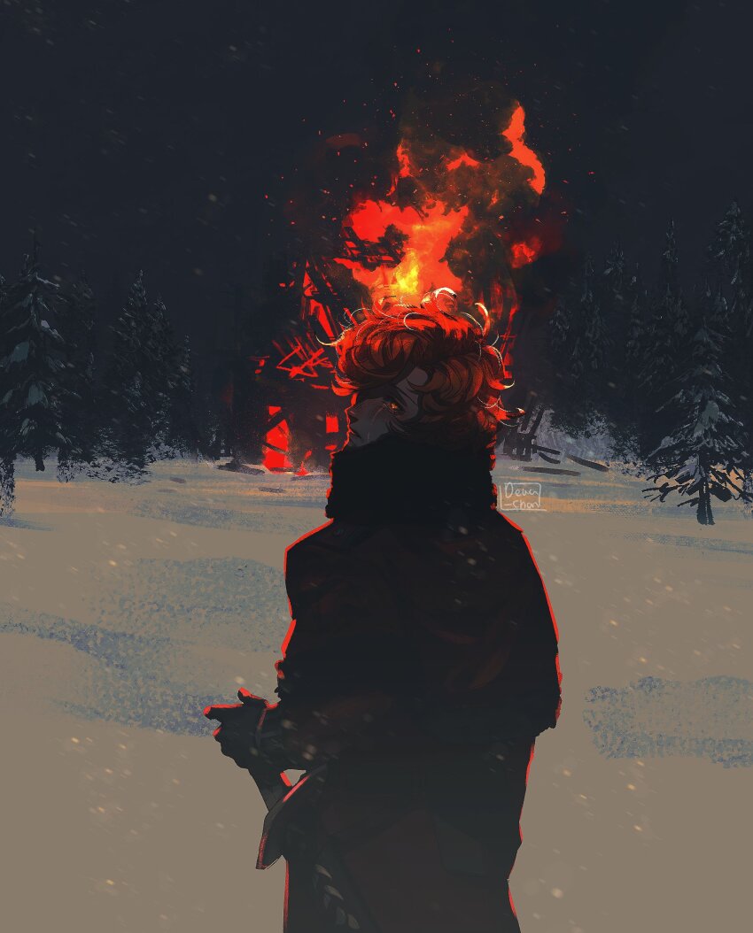 1boy absurdres artist_name burning burning_building coat commentary cowboy_shot crying crying_with_eyes_open dewa-chan embers english_commentary fir_tree fire fire_emblem fire_emblem:_three_houses forest fur-trimmed_collar fur_trim gloves glowing glowing_eye hand_on_weapon highres looking_back male_focus nature night night_sky nintendo orange_eyes outdoors pants parted_bangs parted_lips red_hair sky snow snowing solo standing streaming_tears sword sylvain_jose_gautier tears tree wavy_hair weapon