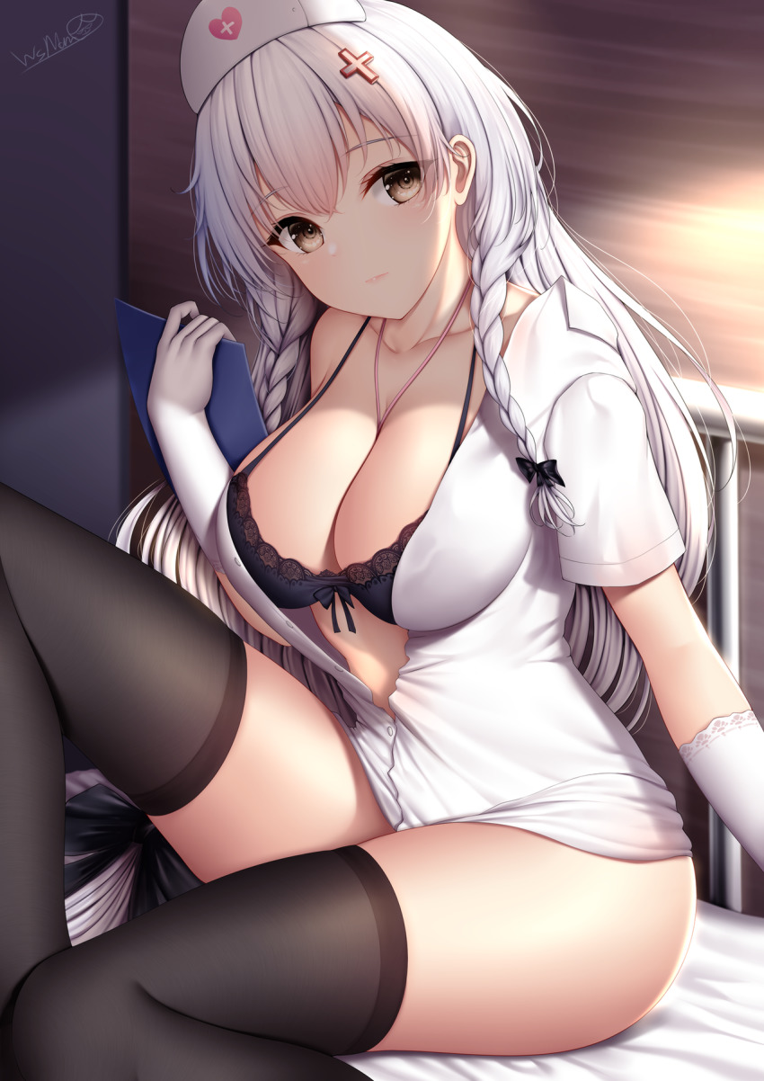 1girl azur_lane bed between_breasts black_bra black_thighhighs blush bow bra braid breasts cleavage clipboard cross_hair_ornament dress gloves hair_between_eyes hair_ornament hat hermione_(azur_lane) hermione_(pure_white_angel)_(azur_lane) highres holding jewelry large_breasts long_hair looking_at_viewer necklace nurse nurse_cap on_bed partially_unbuttoned short_sleeves sitting solo thighhighs thighs twin_braids underwear very_long_hair white_dress white_gloves white_hair wsman