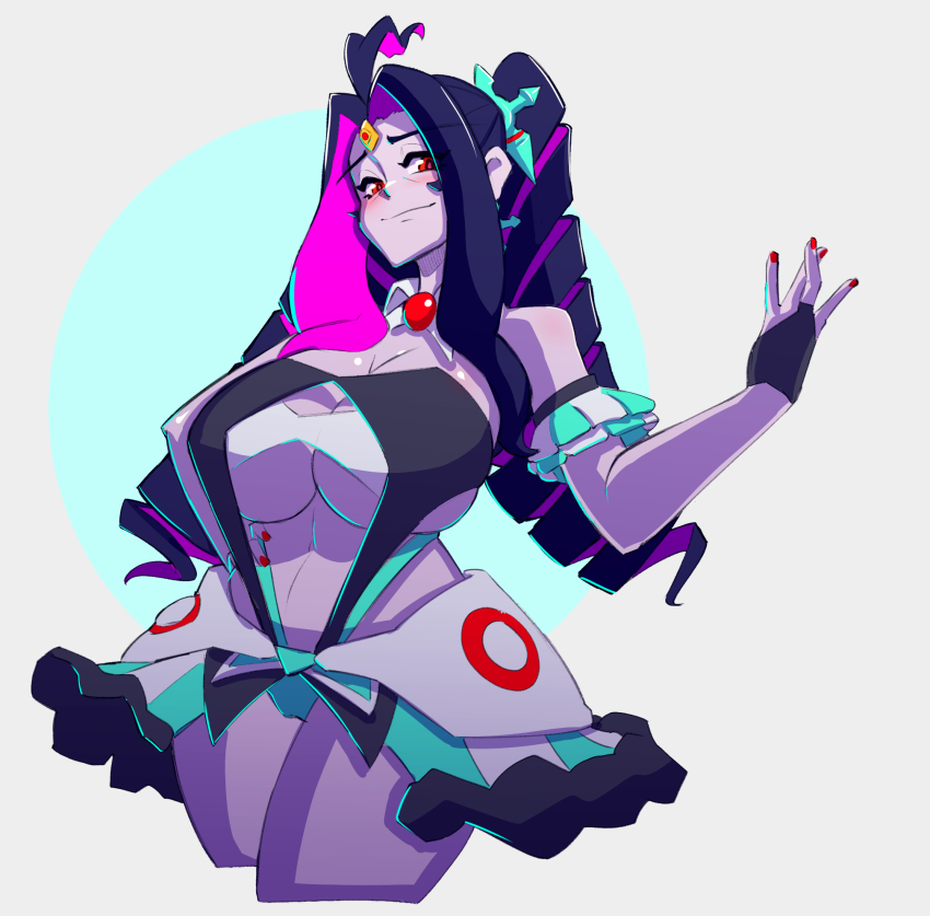 1girl black_hair blue_skirt blush bra breasts cleavage colored_inner_hair colored_skin cosmikaizer cosplay detached_collar drill_hair grey_background grey_skirt highres large_breasts macross macross_delta macross_plus midriff mikumo_guynemer mikumo_guynemer_(cosplay) multicolored_hair navel purple_hair purple_skin red_eyes sharon_apple skirt smile solo striped_clothes striped_skirt twin_drills underboob underwear w white_bra
