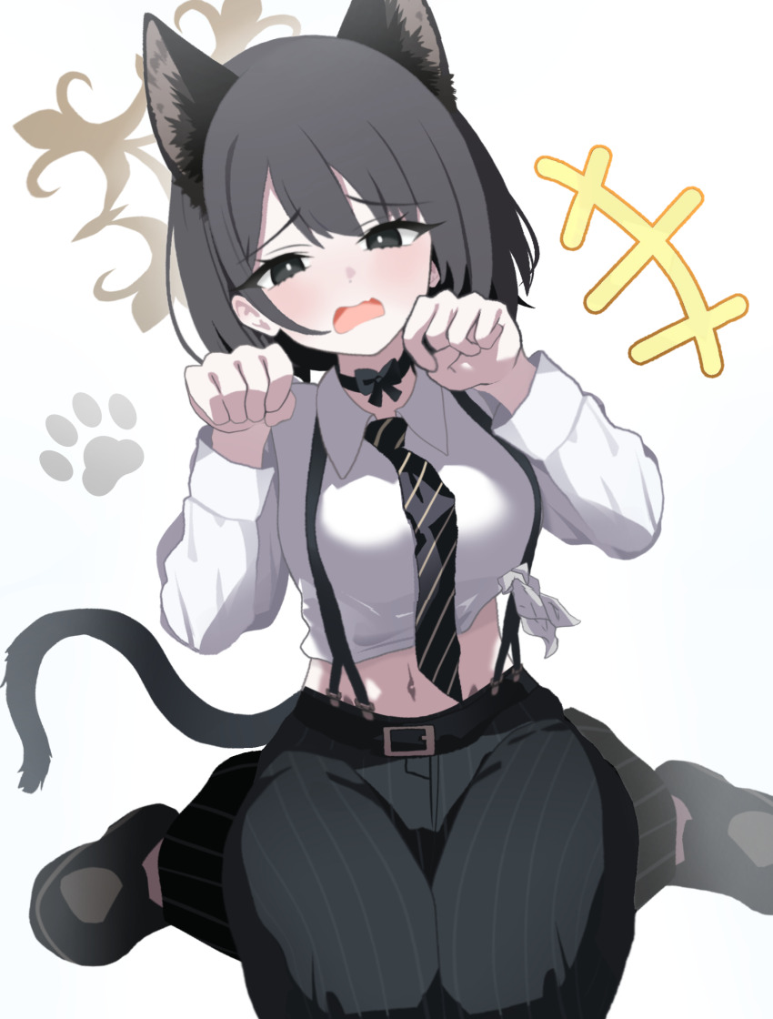 absurdres animal_ears black_eyes black_necktie blue_archive brown_halo cat_ears cat_tail diagonal-striped_clothes diagonal-striped_necktie halo highres hiromi_(blue_archive) homulily necktie pants sitting striped_clothes striped_necktie striped_pants tail vertical-striped_clothes vertical-striped_pants wariza