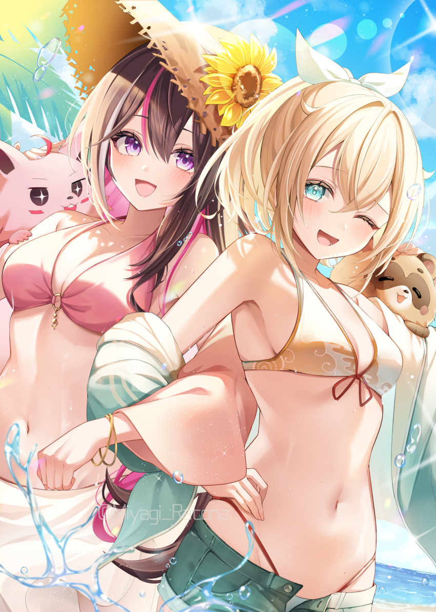 2girls armpits azki_(hololive) bangle bare_shoulders bikini black_hair blonde_hair blue_eyes blurry bokeh bracelet breasts cleavage day denim denim_shorts depth_of_field flower green_jacket hair_ribbon halterneck hand_on_own_hip hat highleg highleg_bikini highres hololive jacket jewelry kazama_iroha locked_arms long_hair looking_at_viewer medium_breasts miyagi_ratona mole mole_under_eye multicolored_hair multiple_girls navel o-ring o-ring_bikini off_shoulder one_eye_closed open_fly open_mouth outdoors pink_bikini ponytail purple_eyes ribbon short_shorts shorts small_breasts smile stomach straw_hat streaked_hair string_bikini sunflower swimsuit virtual_youtuber yellow_bikini