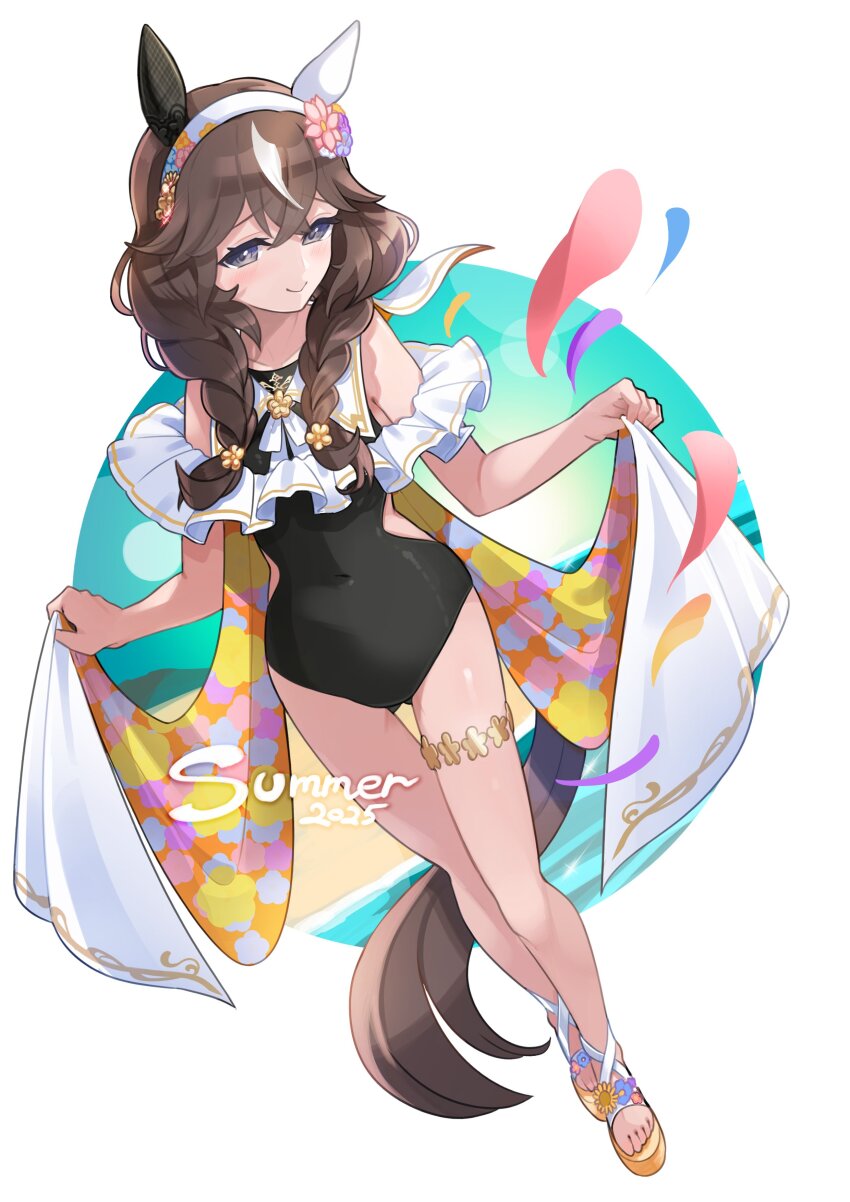 1girl 2025 absurdres alternate_costume animal_ears beach breasts brown_hair curren_bouquetd&#039;or_(umamusume) english_text full_body grey_eyes hair_ornament hairband highres horse_ears horse_girl horse_tail looking_at_viewer ocean sandals small_breasts smile solo standing swimsuit tail towel umamusume white_background yokoji_(kodai2015)